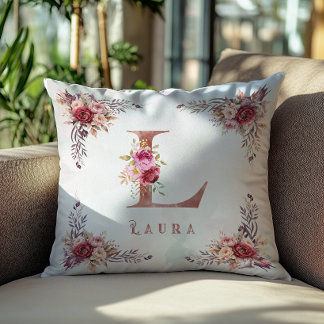 Personalized Rose Gold Floral Letter L Monogram  Throw Pillow