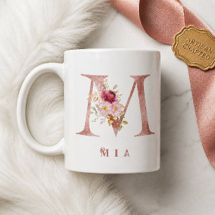 Personalized Rose Gold Floral Letter M Monogram Coffee Mug