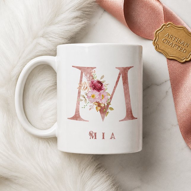 Personalized Rose Gold Floral Letter M Monogram Coffee Mug (Creator Uploaded)