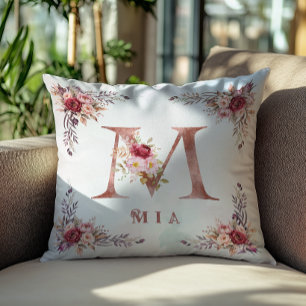 Personalized Rose Gold Floral Letter M Monogram  Throw Pillow