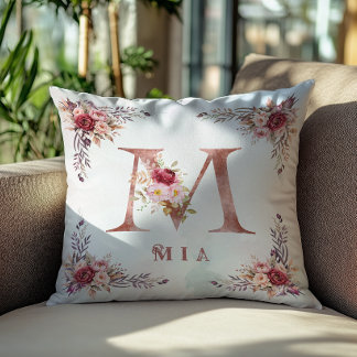 Personalized Rose Gold Floral Letter M Monogram  Throw Pillow