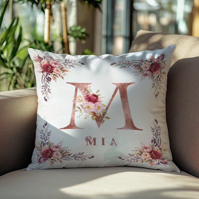 Personalized Rose Gold Floral Letter M Monogram  Throw Pillow (Creator Uploaded)