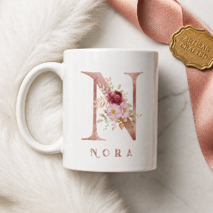 Personalized Rose Gold Floral Letter N Monogram Coffee Mug