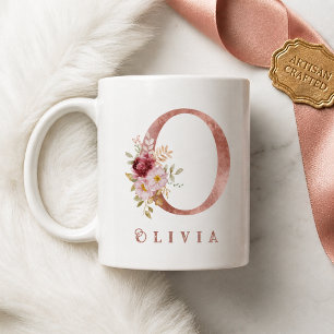 Personalized Rose Gold Floral Letter O Monogram  Coffee Mug