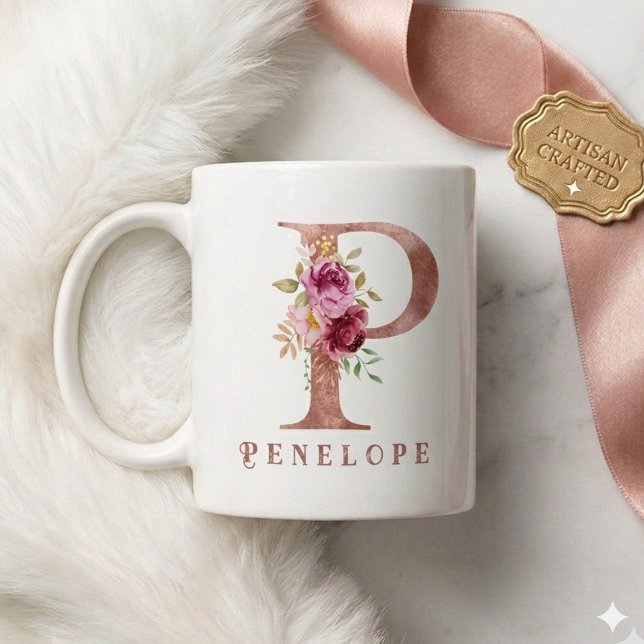 Personalized Rose Gold Floral Letter P Monogram  Coffee Mug (Creator Uploaded)