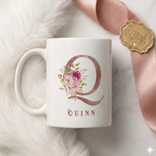 Personalized Rose Gold Floral Letter Q Monogram  Coffee Mug