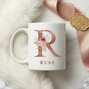 Personalized Rose Gold Floral Letter R Monogram Coffee Mug