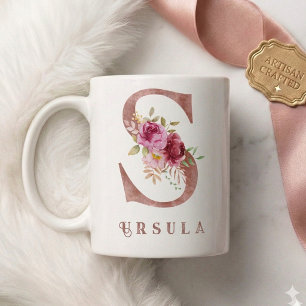 Personalized Rose Gold Floral Letter S Monogram  Coffee Mug