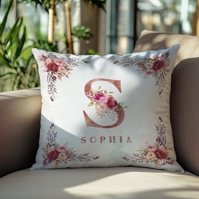 Personalized Rose Gold Floral Letter S Monogram  Throw Pillow (Creator Uploaded)