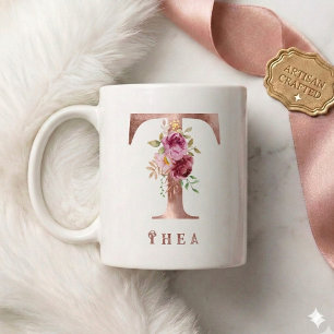 Personalized Rose Gold Floral Letter T Monogram  Coffee Mug