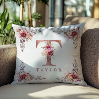 Personalized Rose Gold Floral Letter T Monogram  Throw Pillow
