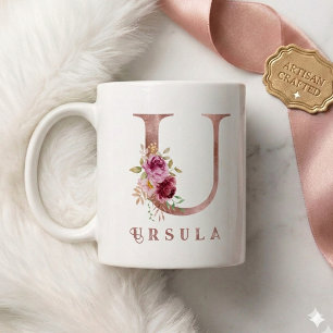 Personalized Rose Gold Floral Letter U Monogram  Coffee Mug