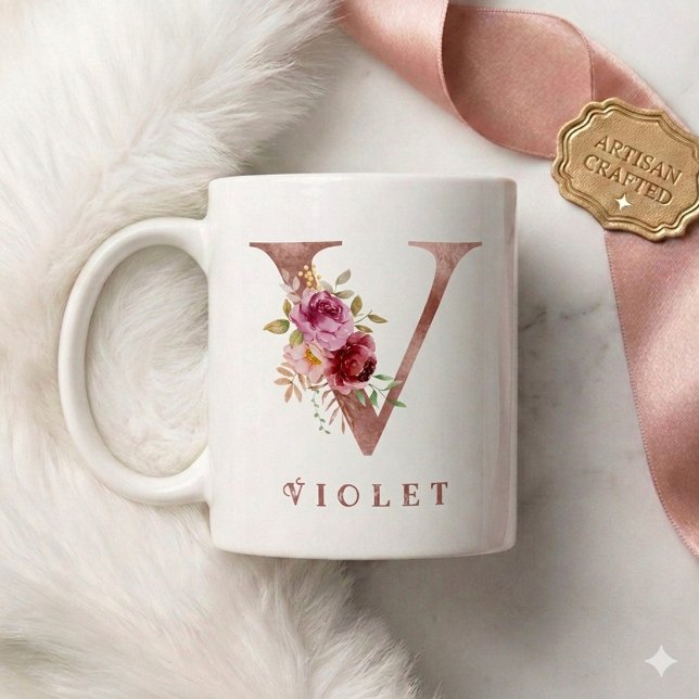 Personalized Rose Gold Floral Letter V Monogram  Coffee Mug (Creator Uploaded)