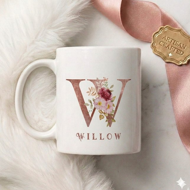 Personalized Rose Gold Floral Letter W Monogram  Coffee Mug (Creator Uploaded)