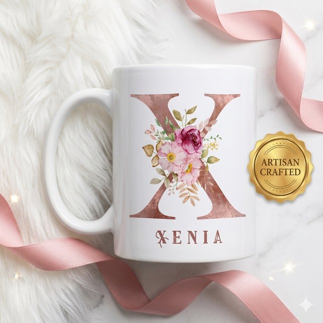 Personalized Rose Gold Floral Letter X Monogram  Coffee Mug (Creator Uploaded)