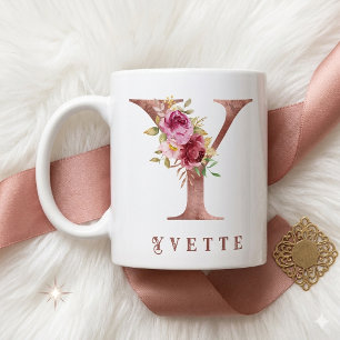 Personalized Rose Gold Floral Letter Y Monogram  Coffee Mug