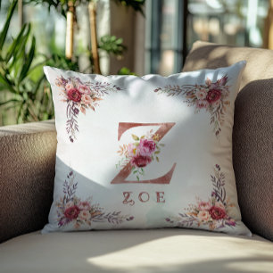 Personalized Rose Gold Floral Letter Z Monogram  Throw Pillow