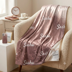 Personalized Rose Gold Floral Name Blanket, Custom Fleece Blanket