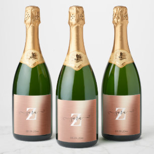 Personalized Rose Gold Foil Monogram Script Bottle Sparkling Wine Label