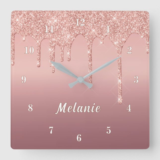 Personalized Rose Gold Glitter Clock Custom Name (Front)