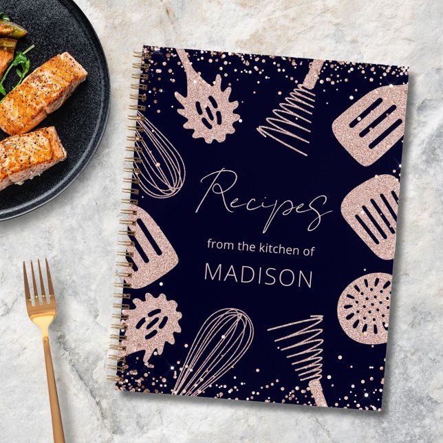 Personalized Rose Gold Glitter Cooking Recipe Book (In situ)