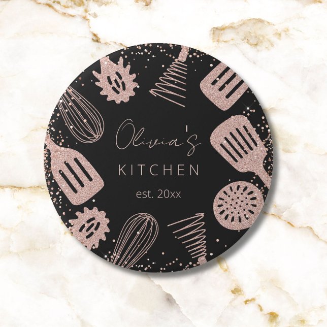 Personalized Rose Gold Glitter Cooking Tools 3 Inch Round Button (Close up)