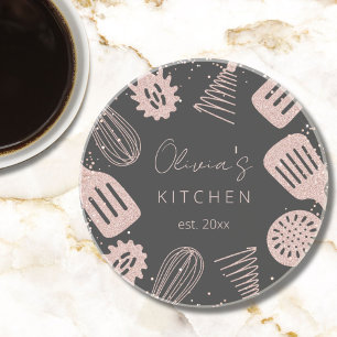 Personalized Rose Gold Glitter Cooking Tools Coaster