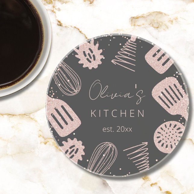 Personalized Rose Gold Glitter Cooking Tools Coaster (In situ)