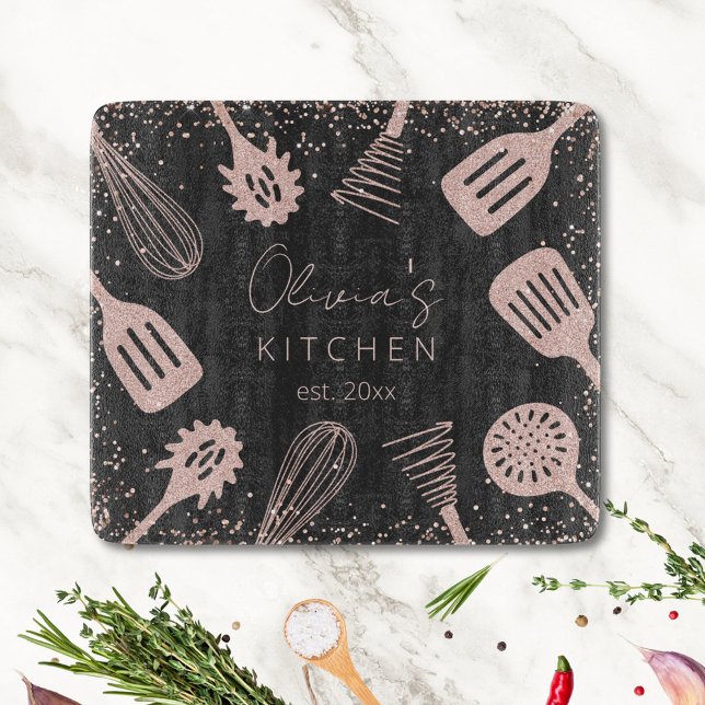 Personalized Rose Gold Glitter Cooking Tools Cutting Board (In situ)