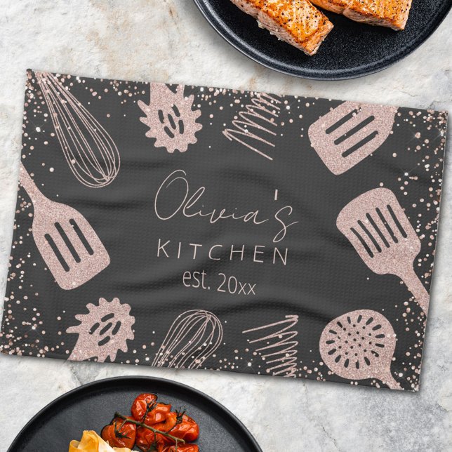Personalized Rose Gold Glitter Cooking Tools Kitchen Towel (In situ)