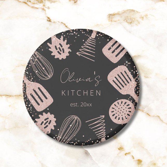 Personalized Rose Gold Glitter Cooking Tools Magnet (Close up)