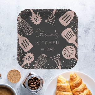 Personalized Rose Gold Glitter Cooking Tools Paper Plate