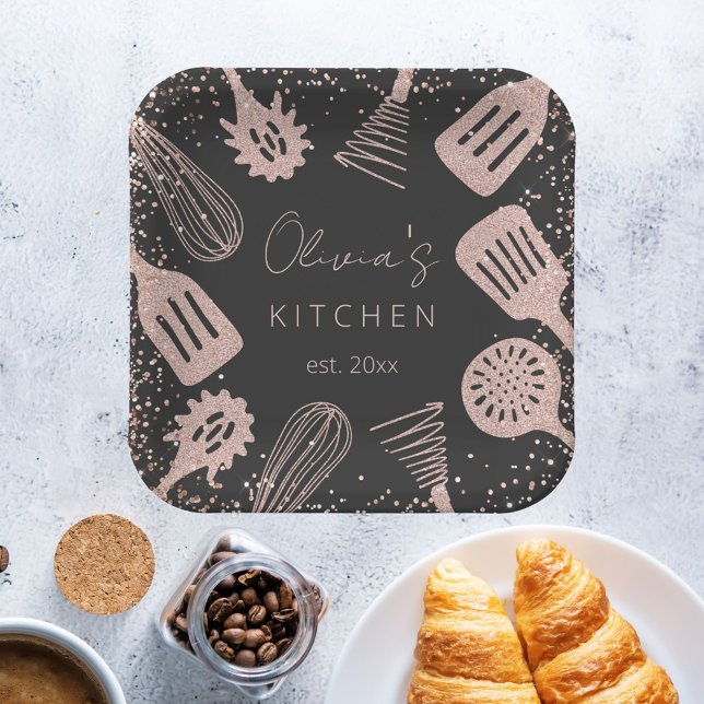 Personalized Rose Gold Glitter Cooking Tools Paper Plate (In situ)