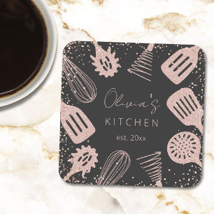 Personalized Rose Gold Glitter Cooking Tools Square Paper Coaster