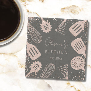 Personalized Rose Gold Glitter Cooking Tools Stone Coaster
