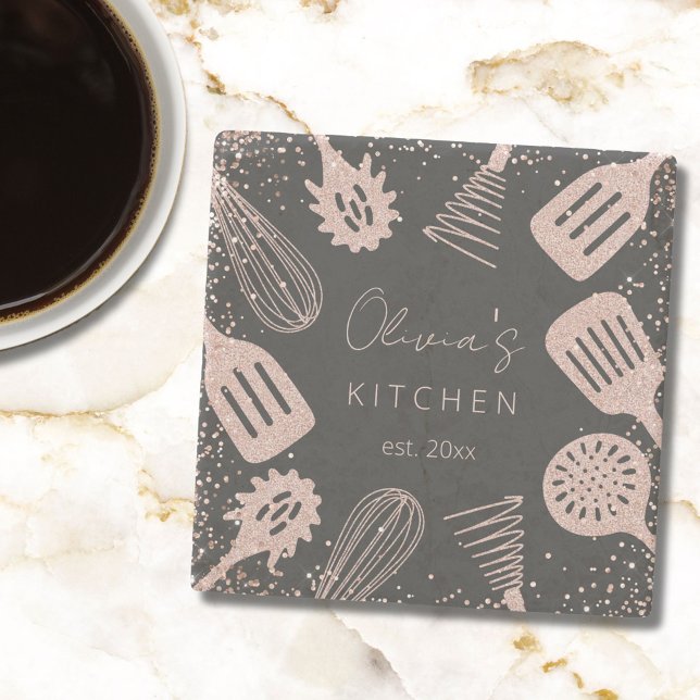 Personalized Rose Gold Glitter Cooking Tools Stone Coaster (In situ)