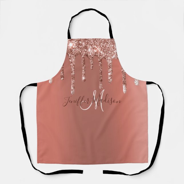 Personalized Rose Gold Glitter Drips Girly Luxury  Apron (Front)