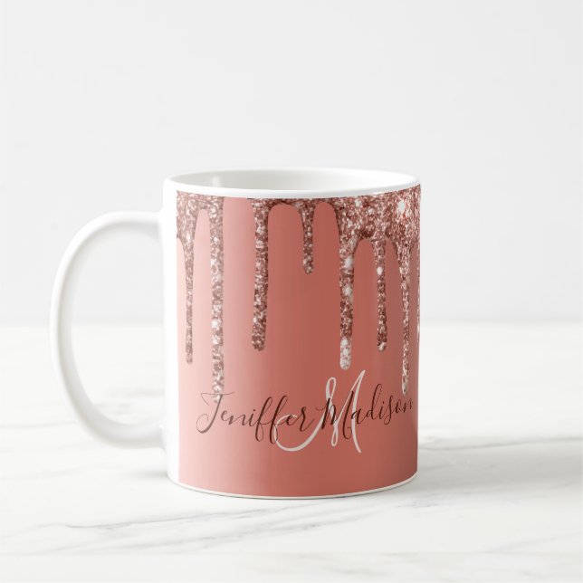 Personalized Rose Gold Glitter Drips Girly Luxury  Coffee Mug (Left)