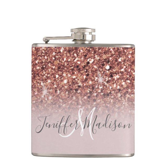 Personalized Rose Gold Glitter Drips Girly Luxury  Hip Flask (Front)