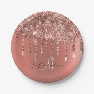 Personalized Rose Gold Glitter Drips Girly Luxury  Paper Plate