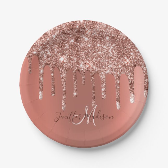 Personalized Rose Gold Glitter Drips Girly Luxury  Paper Plate (Front)