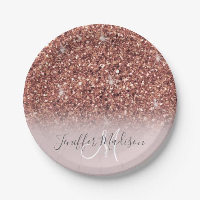 Personalized Rose Gold Glitter Drips Girly Luxury  Paper Plate (Front)