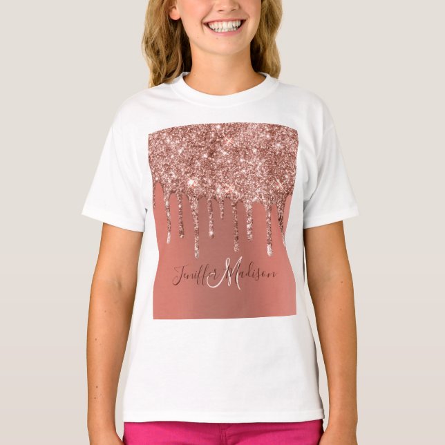 Personalized Rose Gold Glitter Drips Girly Luxury  T-Shirt (Front)