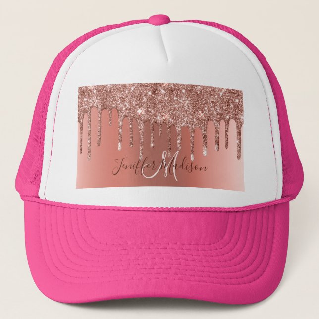 Personalized Rose Gold Glitter Drips Girly Luxury  Trucker Hat (Front)