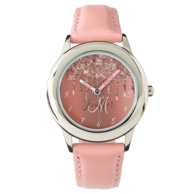 Personalized Rose Gold Glitter Drips Girly Luxury  Watch (Front)