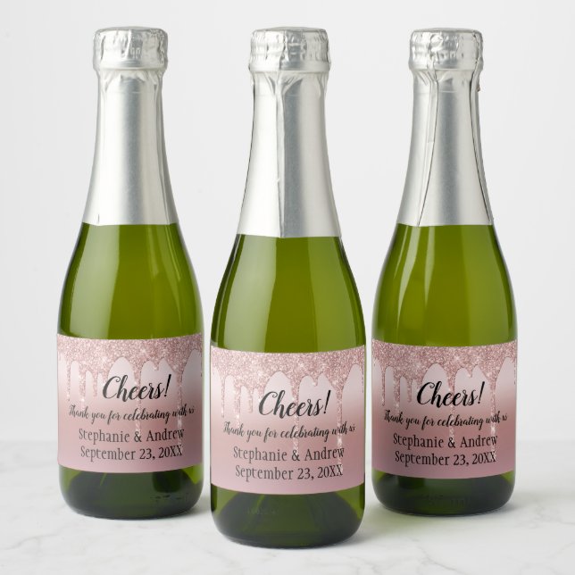 Personalized Rose Gold Glitter Drips Mini Sparkling Wine Label (Bottles)