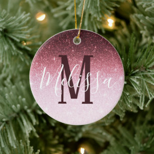 Personalized Rose gold glitter gradient Ceramic Ornament