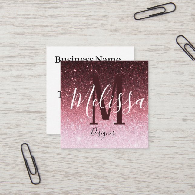 Personalized rose gold glitter gradient square business card (Front/Back In Situ)