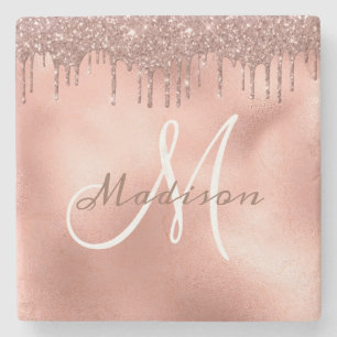 Personalized Rose Gold Glitter Monogram Custom Stone Coaster
