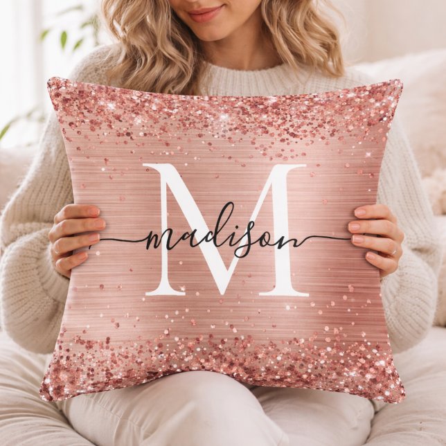 Personalized Rose Gold Glitter Monogram Throw Pill Pillow (Creator Uploaded)